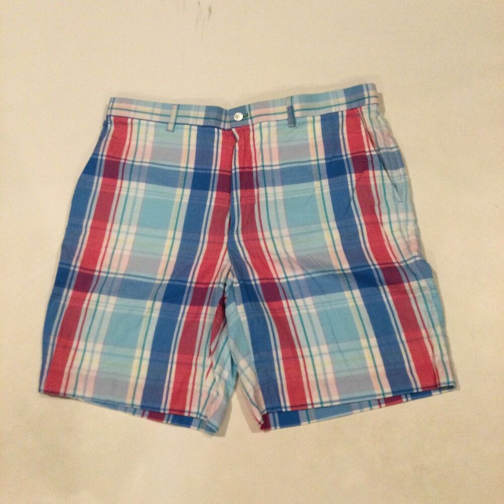 J.McLaughlin Men's Pastel Plaid Shorts Cotton Casual Flat Front Chino Sz 36 x 9